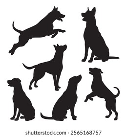 Dogs set silhouette in various pose white background