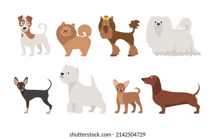 Los perros se ponen. Ilustración vectorial de diferentes razas de perros adultos en estilo moderno y plano. Aislado en blanco.