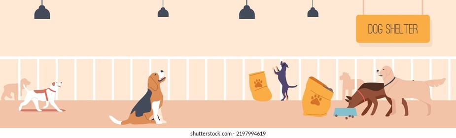 Dogs Shelter, Pound, Rehabilitation or Adoption Center for Stray and Homeless Animals. Pets Sitting, Playing and Walking in Cage with Food in Bowls. Cartoon Vector Illustration