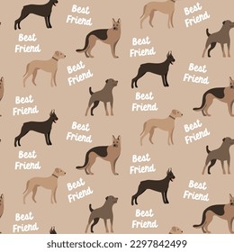 Dogs shepherd doberman rottweiler ridgeback dog seamless repeat pattern. natural. gender neutral. earth tones. beige, brown. cute pet puppy.