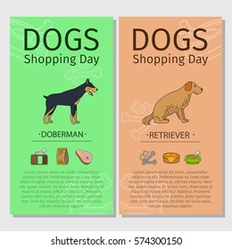 Dogs Shopping day flyers. Doberman and Retriever dog breeds. Vector illustration