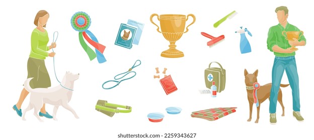 dogs show color vector  illustration, women walking dog, man with best in show cup, set elements-badge, cup, pet passport, comb, brush, leash,