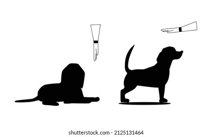 Dogs silhouette . Beagle silhouette. Set. Vector flat illustration. the dog is sitting. dog lies. Command to stand. Instructions on how to train a dog. Cynologists.