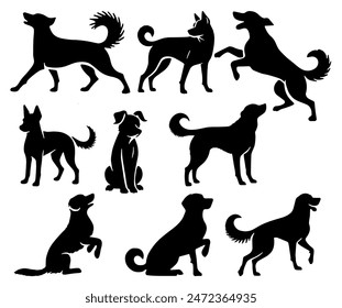 Dogs Silhouette: Canine Pets, Domestic Animals, Flat Vector Illustration