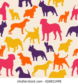 Dogs silhouette colorful seamless pattern. Airedale, french bulldog, cocker spaniel, bull mastiff, english bulldog, yorkshire terrier, bull terrier
