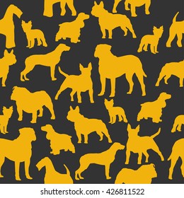 Dogs silhouette colorful seamless pattern. Airedale, french bulldog, cocker spaniel, bull mastiff, english bulldog, yorkshire terrier, bull terrier
