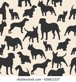 Dogs silhouette colorful seamless pattern. Airedale, french bulldog, cocker spaniel, bull mastiff, english bulldog, yorkshire terrier, bull terrier
