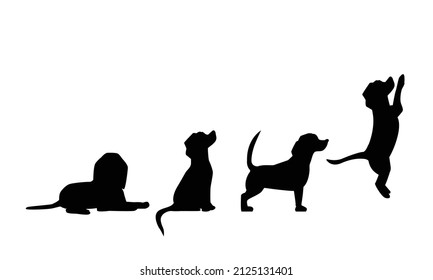 Dogs silhouette in different poses. The dog is sitting. The dog lies. The dog is standing. The dog is jumping. Beagle silhouette. Set. Vector flat illustration