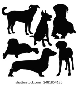 Dogs silhouette icon set. black flat animal vector collection isolated on transparent background. Collection of vector silhouette different breeds of dogs on white background.