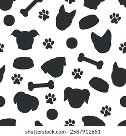 Dogs Silhouette Pattern - Messy Silhouettes of Dog Heads, Dog Food, Bones, Balls and Paws. Seamless Link.