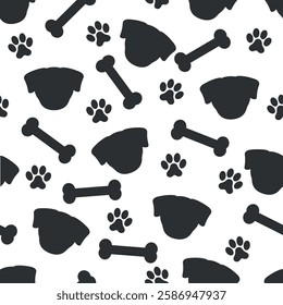 Dogs Silhouette Pattern - Silhouettes of Dog Heads, Bones and Paws on White Background. Seamless Link.