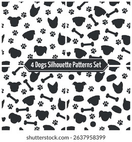 Dogs Silhouette Patterns Set - 4 Black and White Dog Patterns with Footprints, Bones, Dog Food and Balls. Seamless Link.