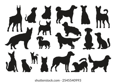 Dogs silhouettes. Black doggy shapes different breeds, cute domestic animals standing walking sitting. Vector puppy collection.