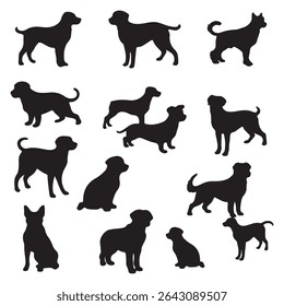 Dogs Silhouettes, Collection, Black, Pose, Isolated, Jump, Stand, Run, Sit, Animal, Pet, Isolated, Vector Illustration. Set of Dog Silhouette vector illustration with a white background. 