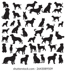 Dogs Silhouettes, Collection, Black, Pose, Isolated, Jump, Stand, Run, Sit, Animal, Pet, Isolated, Vector Illustration. Set of Dog Silhouette vector illustration with a white background. 