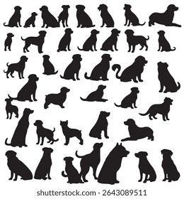 Dogs Silhouettes, Collection, Black, Pose, Isolated, Jump, Stand, Run, Sit, Animal, Pet, Isolated, Vector Illustration. Set of Dog Silhouette vector illustration with a white background. 