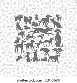 dogs silhouettes in different poses, vector background