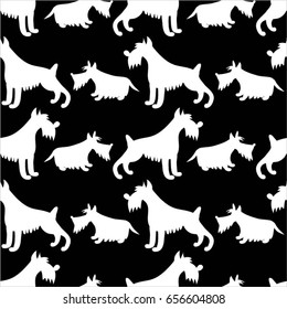 Dogs silhouettes, white on black background. Seamless pattern.