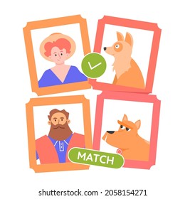 Dogs are similar to their owners. Photos of people and their furry friends. Choosing a pet. Vector flat illustration.