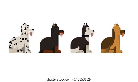 Dogs sit. Doberman, shepherd, husky and dalmatian gives a paw. Vector illustration. Flat icons set.