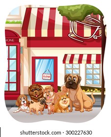Dogs sitting in front of the coffee shop