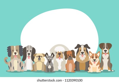 Dogs sitting in front view position. Background illustration with round blank space behind the dogs. Vector illustration.