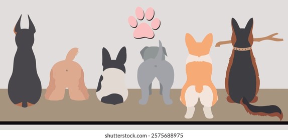 
Dogs sitting showing their butts