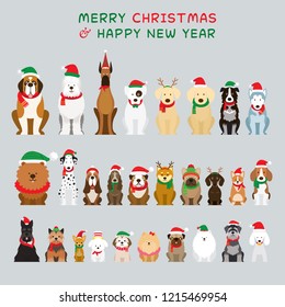 Dogs Sitting and Wearing Christmas Costume, Characters, Winter and New Year Celebration