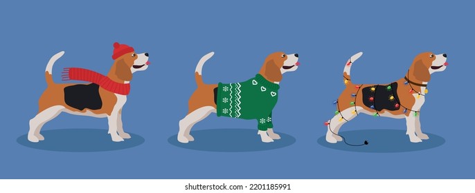 Dogs Sitting and Wearing Christmas Costume, Characters, Winter and New Year Celebration. Happy dog. Winter design. Happy holidays template. Cartoon animals. Vector illustration