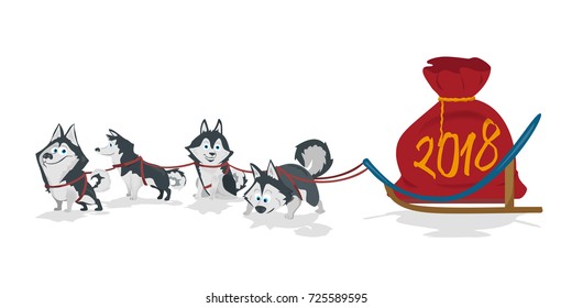 Dogs sled team and Santa red bag. White background