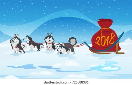 Dogs sled team and santas red bag. Vector illustration