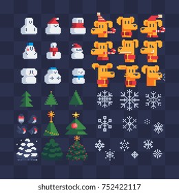 Dogs and snowman knitting design.  Winter season symbols. Isolated vector illustration collection. Pixel art icons set. 