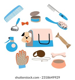 Dogs and some grooming tools and accessory. Vector illustration made by hand in doodle style. Useful for postcards, banners, pet salon design.