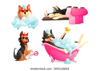 Dogs spa and grooming service, happy doggy pets take bath in foamy tub with shampoo bubbles, relaxing with stones on back, apply hairstyle procedure. Animals hygiene care, Cartoon vector illustration