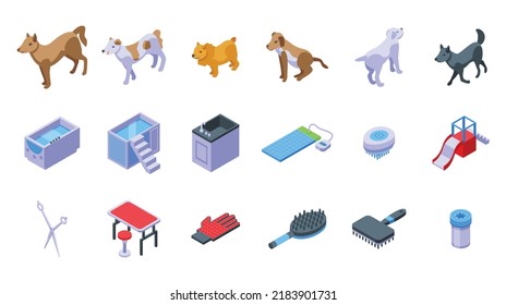 Dogs spa icons set isometric vector. Grooming shower. Spa bath