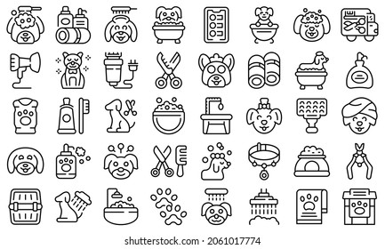 Dogs spa icons set outline vector. Shower grooming. Animal spa svg