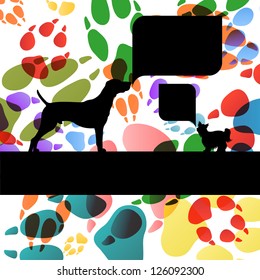 Dogs with speech bubbles and dog footprints silhouettes colorful illustration background vector