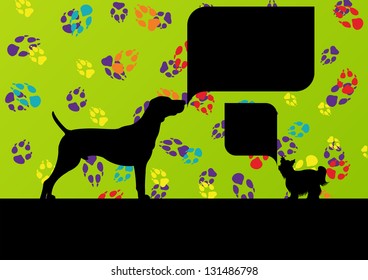 Dogs with speech bubbles and dog footprints silhouettes colorful illustration background vector