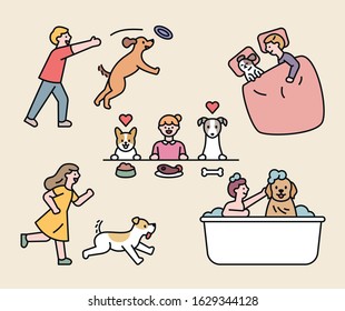 Dogs spending happy time with their human friends. flat design style minimal vector illustration.