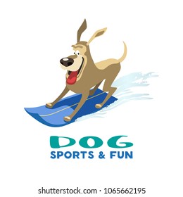 Dogs sport fun icon. Colorful comic cartoon. Domestic pets adventure camp activity, training flyer banner template. Dog days of summer concept. Canine puppy surfing. Vacation relax vector illustration