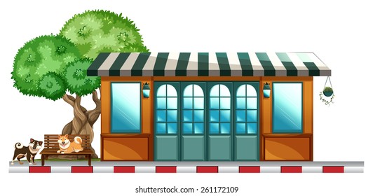 Dogs staying outside the restaurant on a white background 