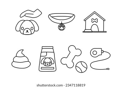 Dogs stuff icon set with accessories for pets, flat style, isolated on white background.