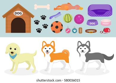 Dogs stuff icon set with accessories for pets, flat style, isolated on white background. Domestic animals collection with a Husky, akita inu, lablador. Puppy toy. Vector illustration, clip art