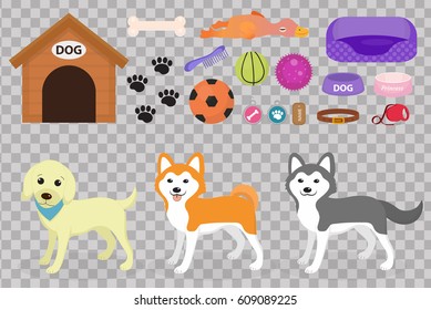 Dogs stuff icon set with accessories for pets, flat style, isolated on white background. Domestic animals collection with a Husky, akita inu, lablador. Puppy toy. Vector illustration, clip art.