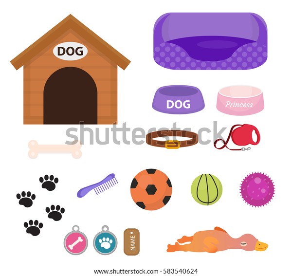 白い背景にペット用のアクセサリーと犬用アイコンセット フラットスタイル 子犬のおもちゃ 犬小屋 カラー 食べ物 ペットショップのコンセプト ベクター イラスト クリップアート のベクター画像素材 ロイヤリティフリー