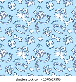 Dogs Stuff outline white icons, vector seamless pattern