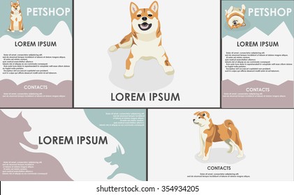 dogs. stylized pets set. Form style. Useful for pet shop, store, webstore. Vector contains banner, business card and two booklets. original colors. shiba inu