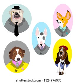 Dogs in suits cartoon characters vector set corgi, English bulldog, saint Bernard, bull terrier and basset hound anthropomorphic portraits
