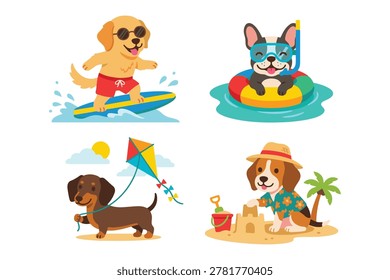 Dogs Summer Vacation Set, Cute Puppies at the Beach Surfing and Playing with Sand Vector Illustration for Summer Themes