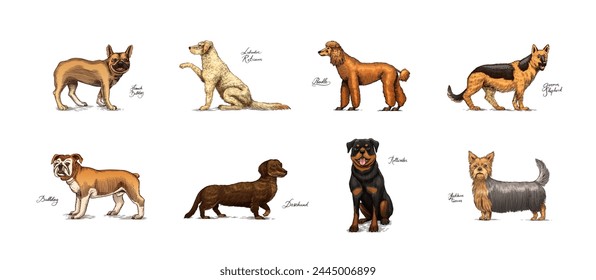 Perros En Este Dibujo. Diferentes razas de animales domésticos. Colección de diseño de personajes cachorros. Esbozo monocromo grabado a mano. Antiguas line art.